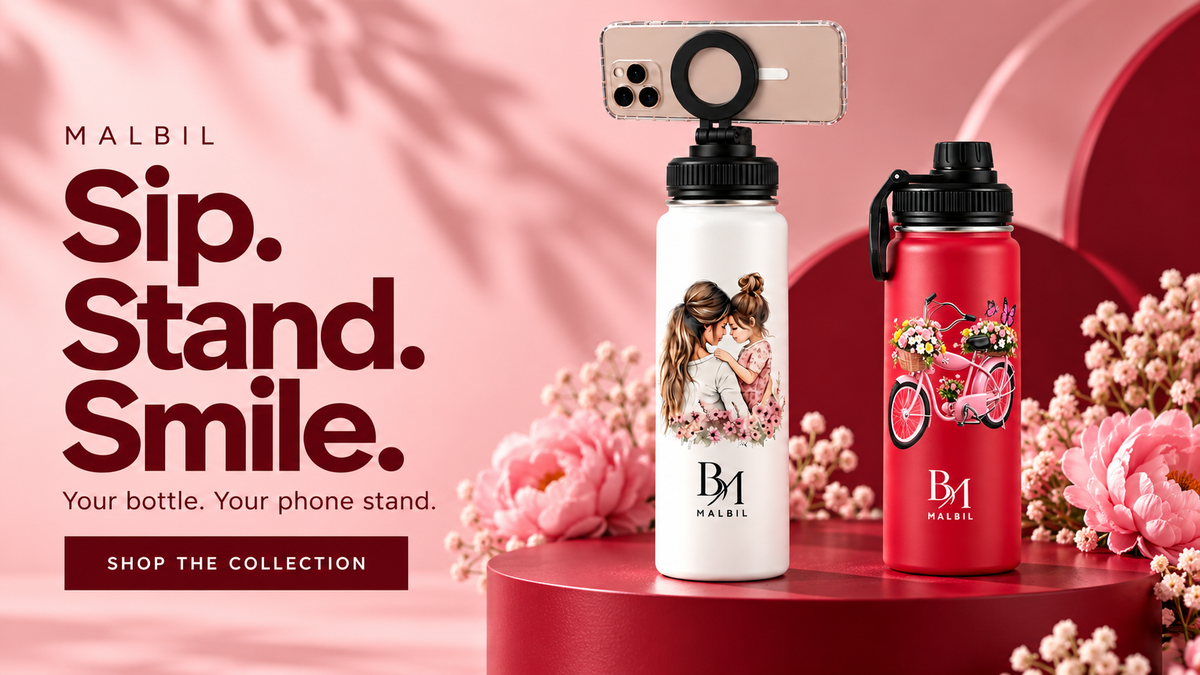MALBIL — Sip. Stand. Smile. Your bottle. Your phone stand. White mother-and-daughter bottle with phone holder and red floral bicycle bottle. Shop the collection.